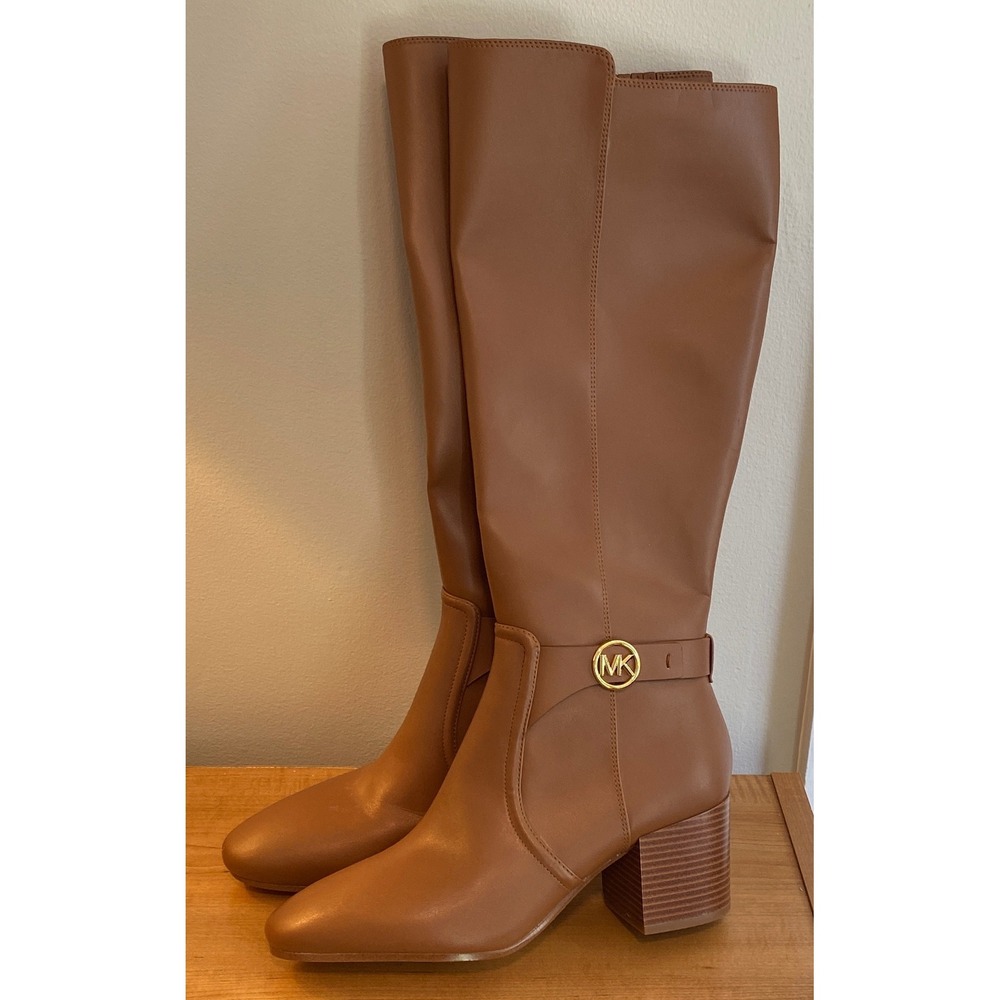 Michael Kors Brown Knee High Block Heel Boots MK Logo Medallion SG22G Womens 9M
